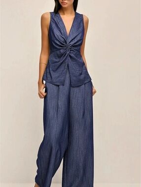 Commense Twist Front Vest & Wide Leg Pants Set Blue Wide Leg Set XL